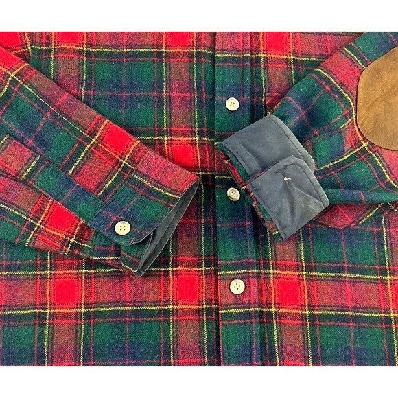 Vintage Woolrich Tweed Button Up Shirt Elbow Patches Tartan Plaid USA Mens M - Picture 7 of 12